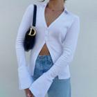 Long Sleeve Half Buttoned Crop Top