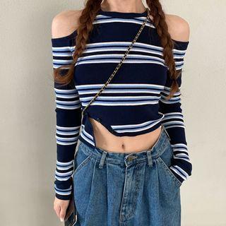 Cutout Shoulder Striped Long-sleeve Knit Top Stripe - One Size