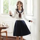 Set: Sailor Collar Bow Blouse + A-line Skirt
