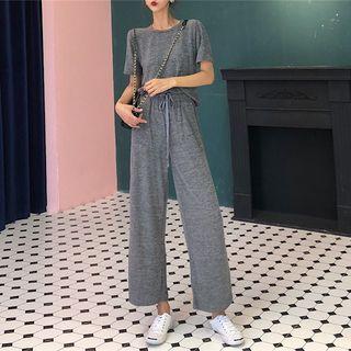 Set: Short-sleeve T-shirt + Wide Leg Sweatpants Set - Gray - One Size