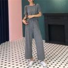 Set: Short-sleeve T-shirt + Wide Leg Sweatpants Set - Gray - One Size