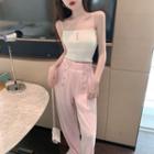 Strappy Knit Cropped Camisole Top / High Waist Wide Leg Pants