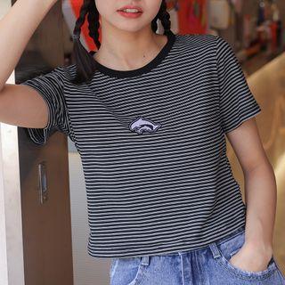 Dolphin Embroidered Striped Cropped T-shirt