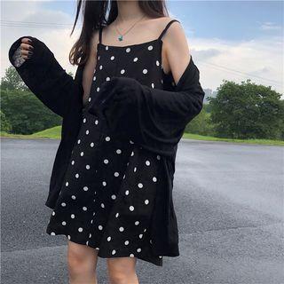 Hooded Jacket / Spaghetti Strap Dotted Mini Dress