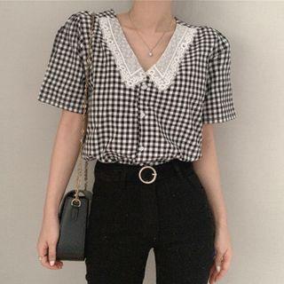 Short-sleeve Lace Collar Gingham Shirt