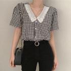 Short-sleeve Lace Collar Gingham Shirt