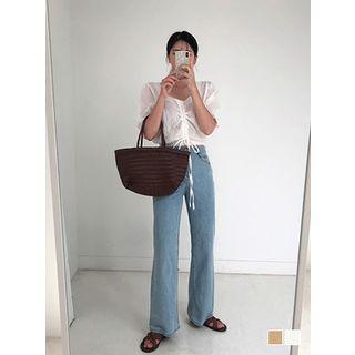 Drawstring-front Textured Crop Top