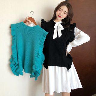 Long-sleeve Tie-neck A-line Dress / Frill Trim Knit Vest