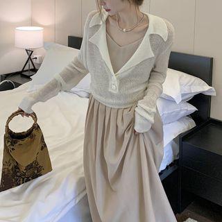 Collar Cardigan / Spaghetti Strap Midi Smock Dress