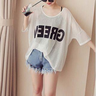 Set: 3/4-sleeve Lettering Print T-shirt + Camisole Top