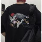 Embroidered Crane Elbow-sleeve T-shirt