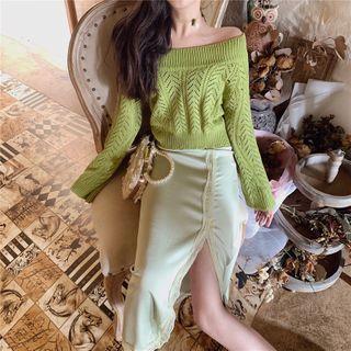 Off-shoulder Pointelle Knit Sweater / Lace Trim Midi A-line Skirt