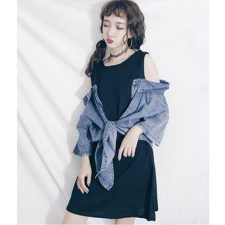 Set: Sleeveless T-shirt Dress + Denim Top