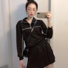 Set: Half-zip Long-sleeve Contrast Trim Top + Contrast Trim Mini Skirt Top - Black - One Size / Skirt - Black - One Size