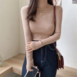 Plain Round-neck Ribbed Long-sleeve Top