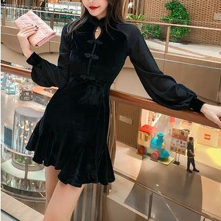 Long-sleeve Mandarin Collar A-line Mini Velvet Dress