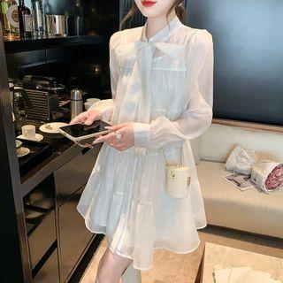 Puff Sleeve Tie-neck Plain Shirtdress