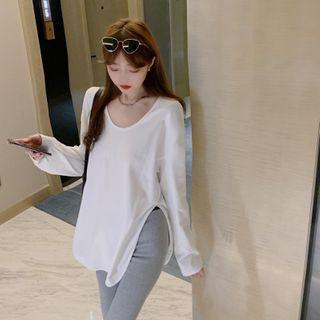 U-neck Plain Loose-fit Top White - One Size