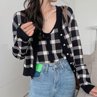 Check Camisole Top / V-neck Cardigan