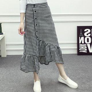 Asymmetric Hem Gingham Midi Skirt