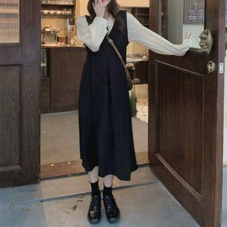 V-neck Midi A-line Overall Dress Dress - Black - One Size