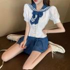 Sailor Collar Bow Short-sleeve Cropped Blouse / Mini A-line Pleated Skirt