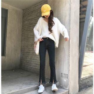 Slit Front Fringed Boot Cut Jeans