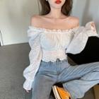 Bell-sleeve Shirred Plain Blouse White - One Size