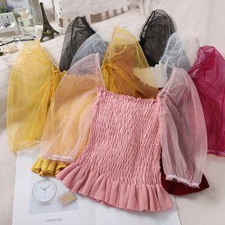 Mesh Panel Puff-sleeve Smocked Knit Cropped Top