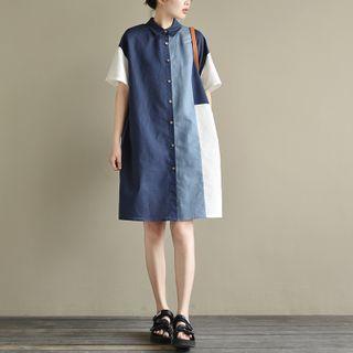 Short-sleeve Color-bock Shirtdress