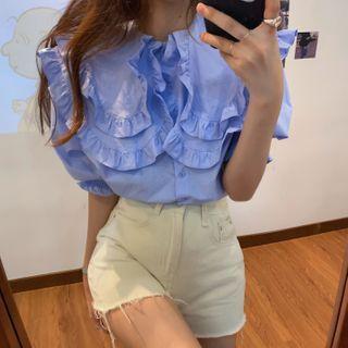 Frilled Short-sleeve Top Blue - One Size