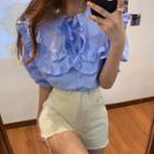 Frilled Short-sleeve Top Blue - One Size