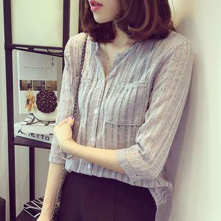 V-neck Linen Cotton 3/4-sleeve Blouse