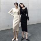 Long-sleeve V-neck Knit Midi Sheath Dress