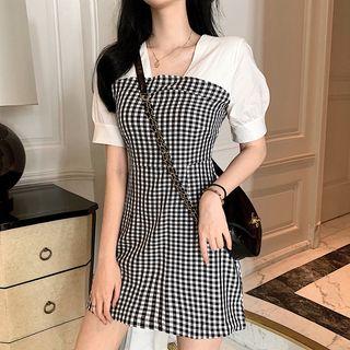 Puff-sleeve Plaid Dress As Shown In Figure - One Size
