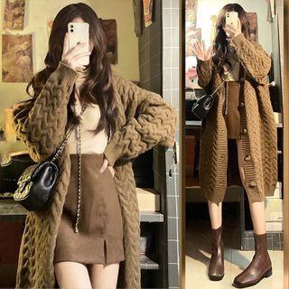 Open Front Cable Knit Long Cardigan / Slit Mini Skirt