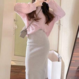 Set: Cable Knit Sweater + Knit Midi Pencil Skirt