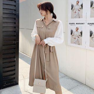 Long-sleeve Color Panel Shirt Dress With Belt