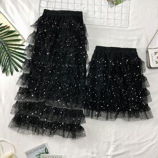 Layered Star-sequined Mesh Skirt