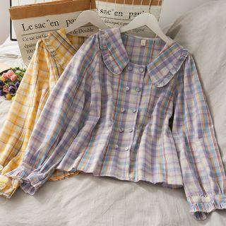 Peter Pan-collar Double-breasted Plaid Blouse