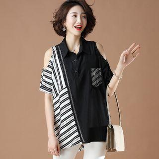 Elbow-sleeve Cold Shoulder Striped Panel Shirt