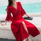 Bell-sleeve Crochet Lace Trim Midi A-line Dress