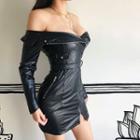 Faux Leather Long-sleeve Off-shoulder Mini Sheath Dress