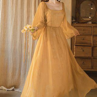 Long-sleeve Square-neck Chiffon Maxi A-line Dress
