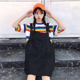 Striped Elbow-sleeve T-shirt / Pocket Detail Jumper Dress