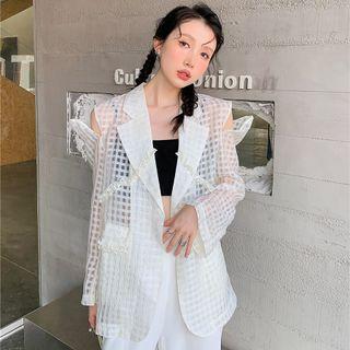 Cutout Sheer Plaid Blazer