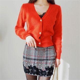 Faux-pearl Floral Checked Mini Pencil Skirt