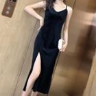 Spaghetti Strap Silky Slit Midi Dress