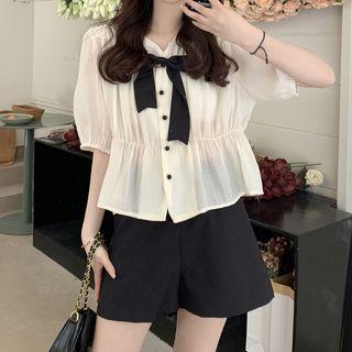 Puff-sleeve Ribbon Blouse / Wide Leg Shorts