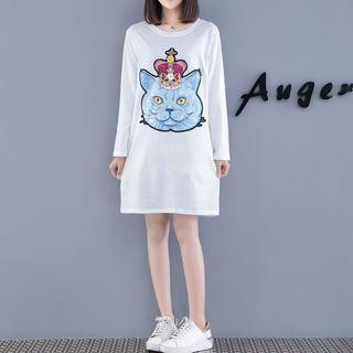 Long-sleeve Cat Applique Long T-shirt